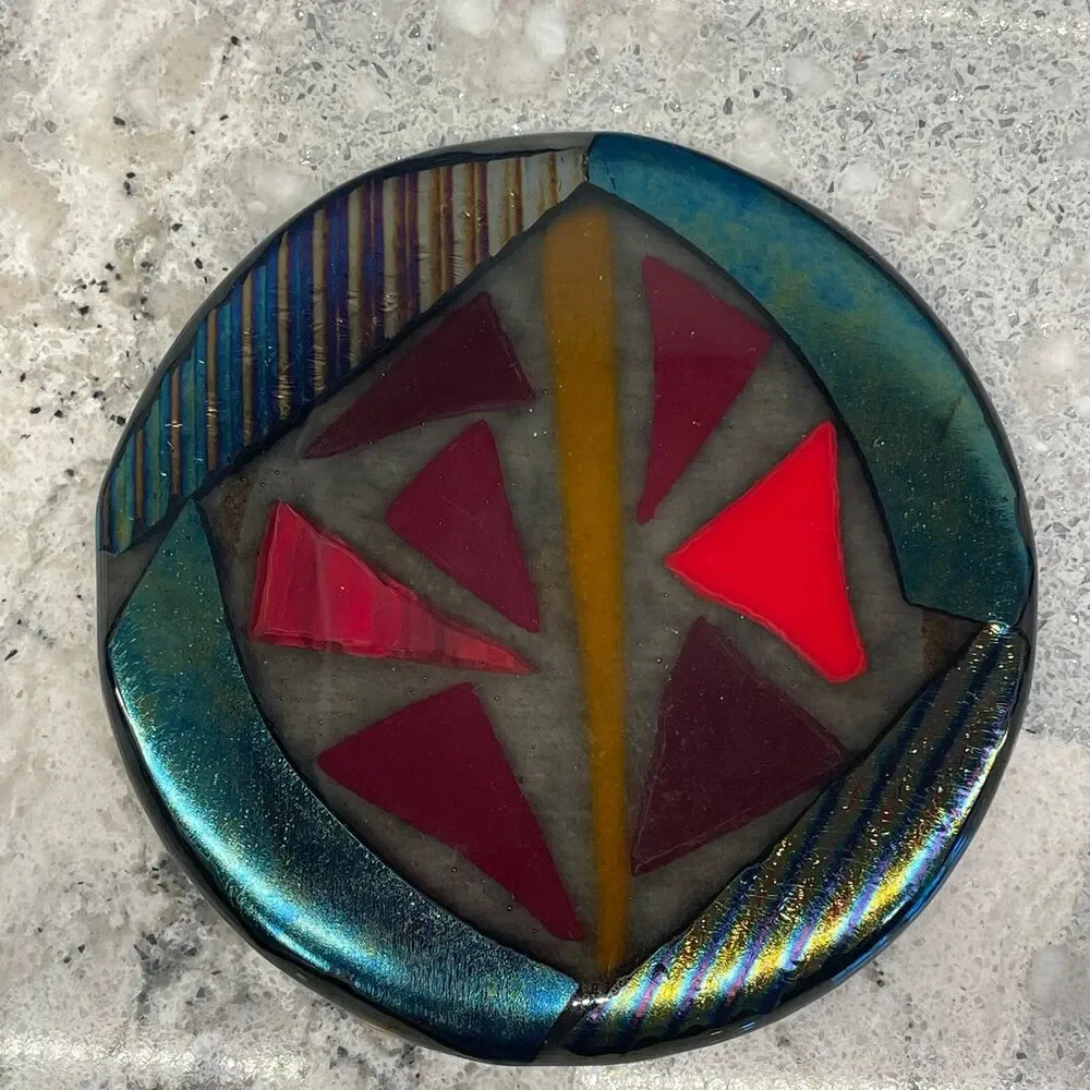 Kitchen Stove Top Hot Plate Handmade Trivet Fused Glass Style Iridescent Tones